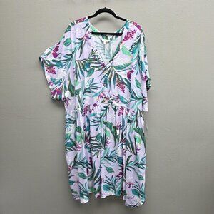 Terra & Sky Dress Womens 4X Purple Tropical Babydoll V-Neck Button Front Pockets
